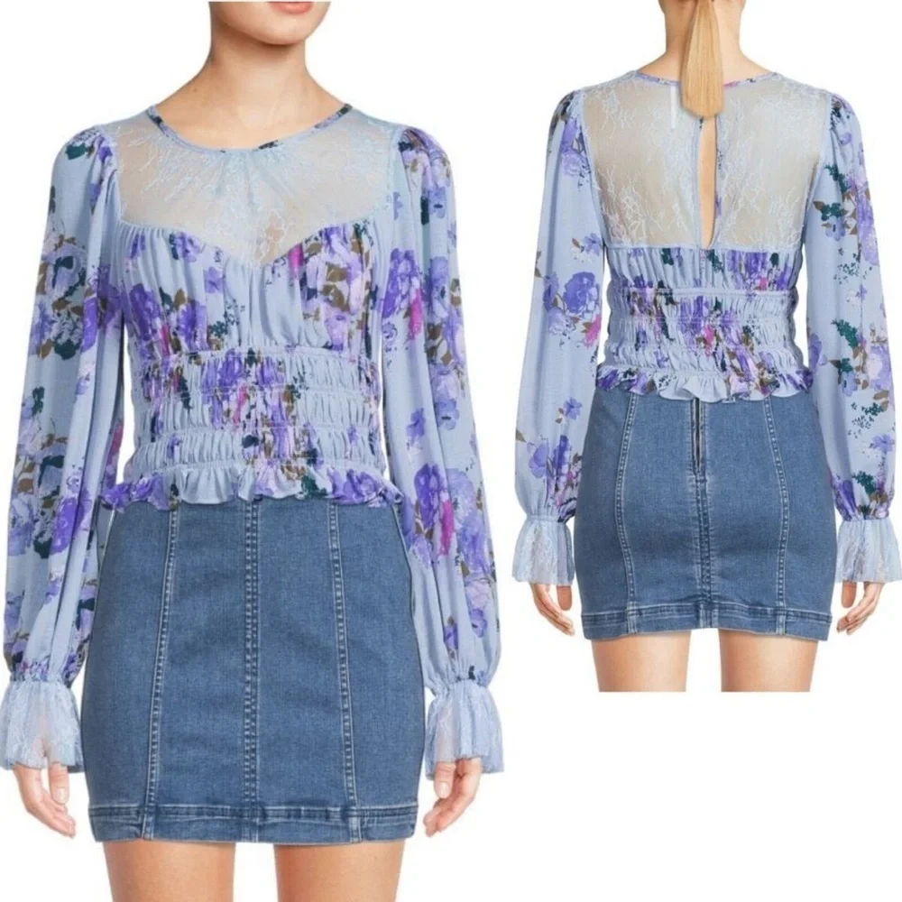 FP Movement by Free People Smock Daphne Floral Lace Ruffled Top NWT 128.00